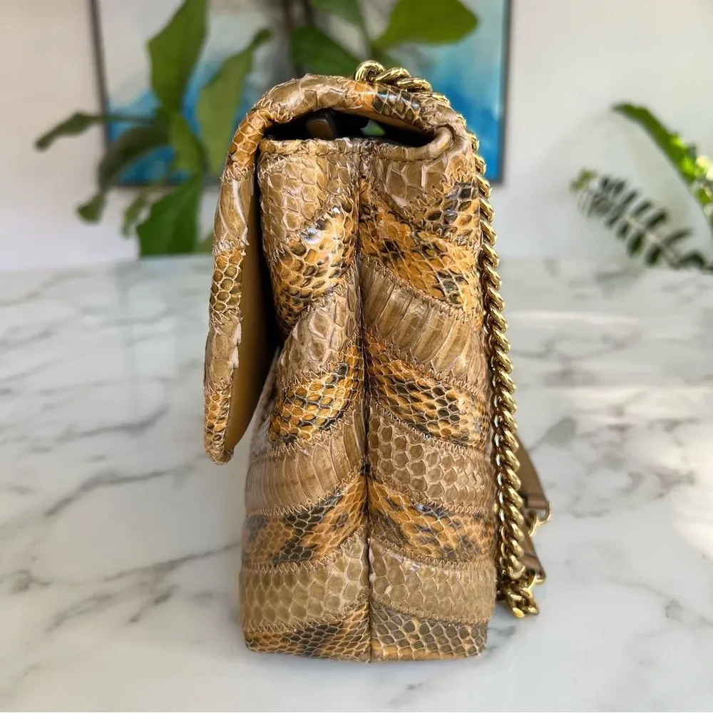 Tory Burch Kira Chevron Exotic Snakeskin Leather Convertible Shoulder Bag Tan